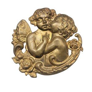Loving Cherubs Brooch Two Kissing Angels Brass Tone Vintage Handmade Pin